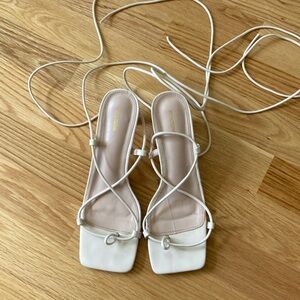 Square toe lace-up cream heeled sandals